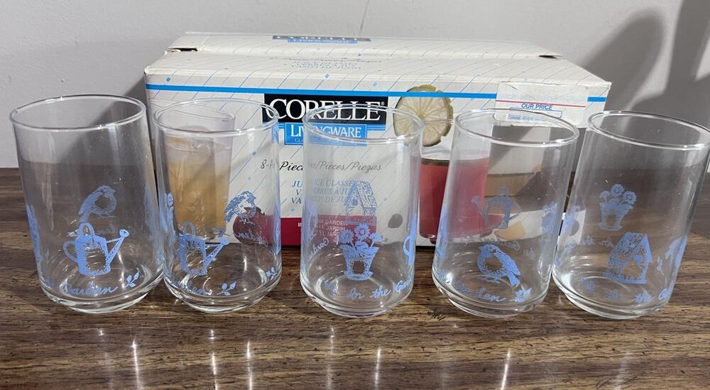 Vintage Corelle Corning In The Garden 5 Piece Juice Glass Set NIB